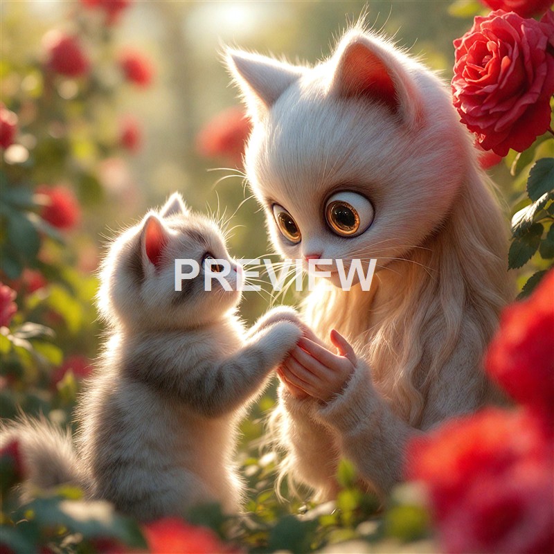 A large, realistic-looking animated cat with big eyes and long fur gently interacting with a tiny, similarly styled kitten among blooming roses in a warm, sunlit garden.